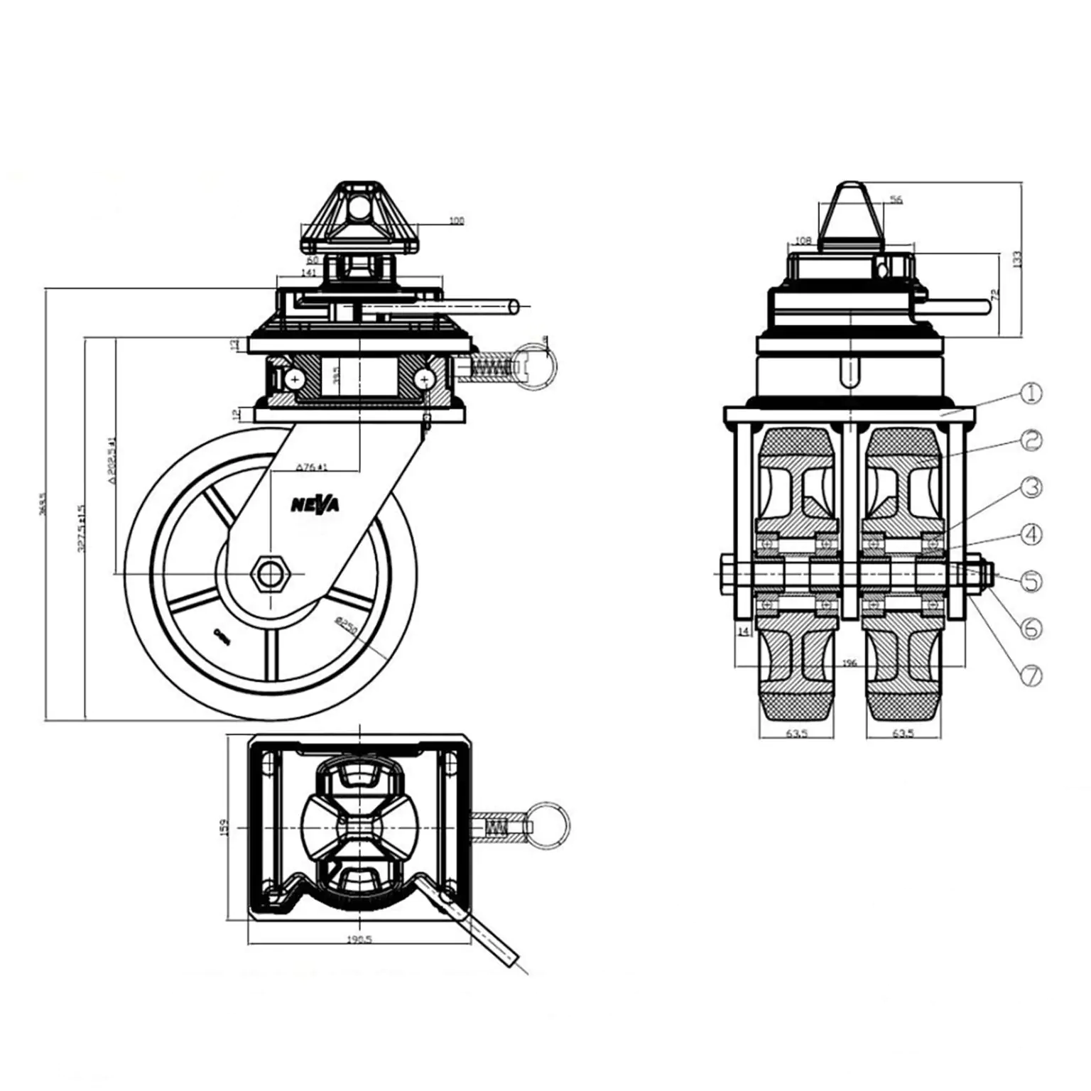 Lenkrollen für Container-Räder, Ø 252 mm – 4er-Set – Bild 4
