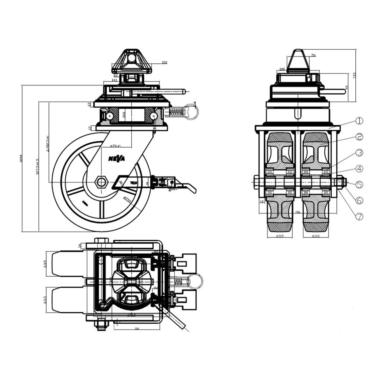 Lenkrollen für Container-Räder, Ø 252 mm – 4er-Set – Bild 5